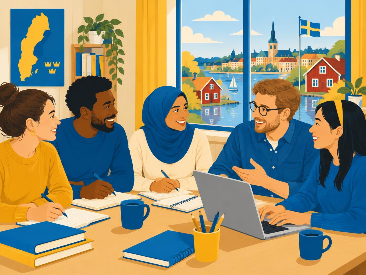 Adult learners practising Swedish together for SFI